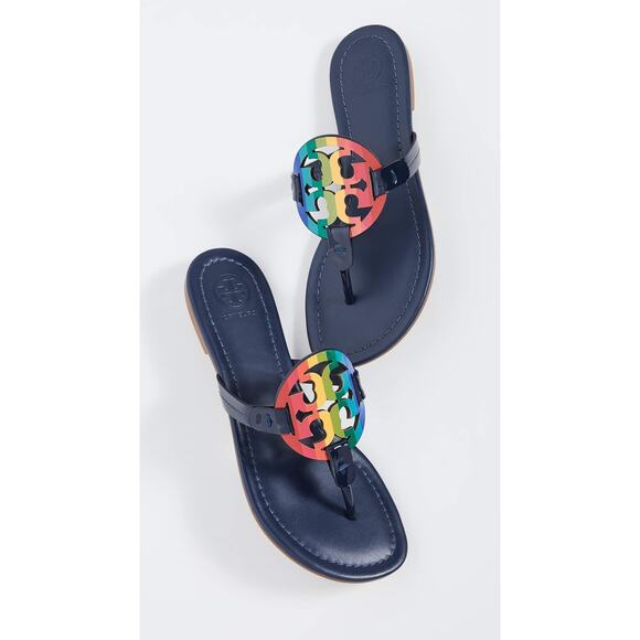 Tory Burch Miller Sandals, Bright Rainbow/Royal Navy, Blue, Stripe 7.5 patent - Picture 2 of 6
